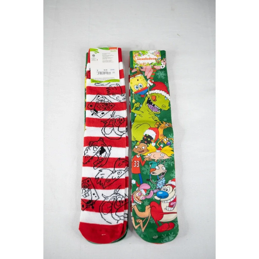 Nickelodeon Crew Socks Unisex OS Multi New 90s Cartoon Christmas 2-Pack Holiday